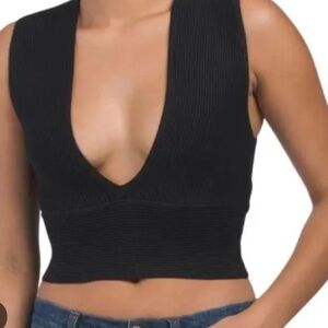 House of Harlow 1960 Black Ribbed Deep V-Neck Top